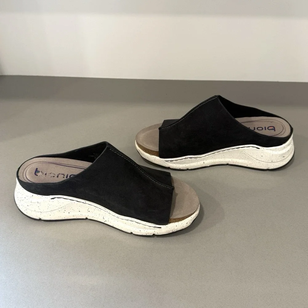 Bionica Oceana Wedge Slide 7.5 Black Leather Slip On Comfort Sporty Platform